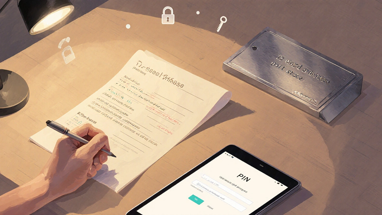 Mano che scrive la seed phrase su carta, accanto a una piastra metallica e tablet con PIN.