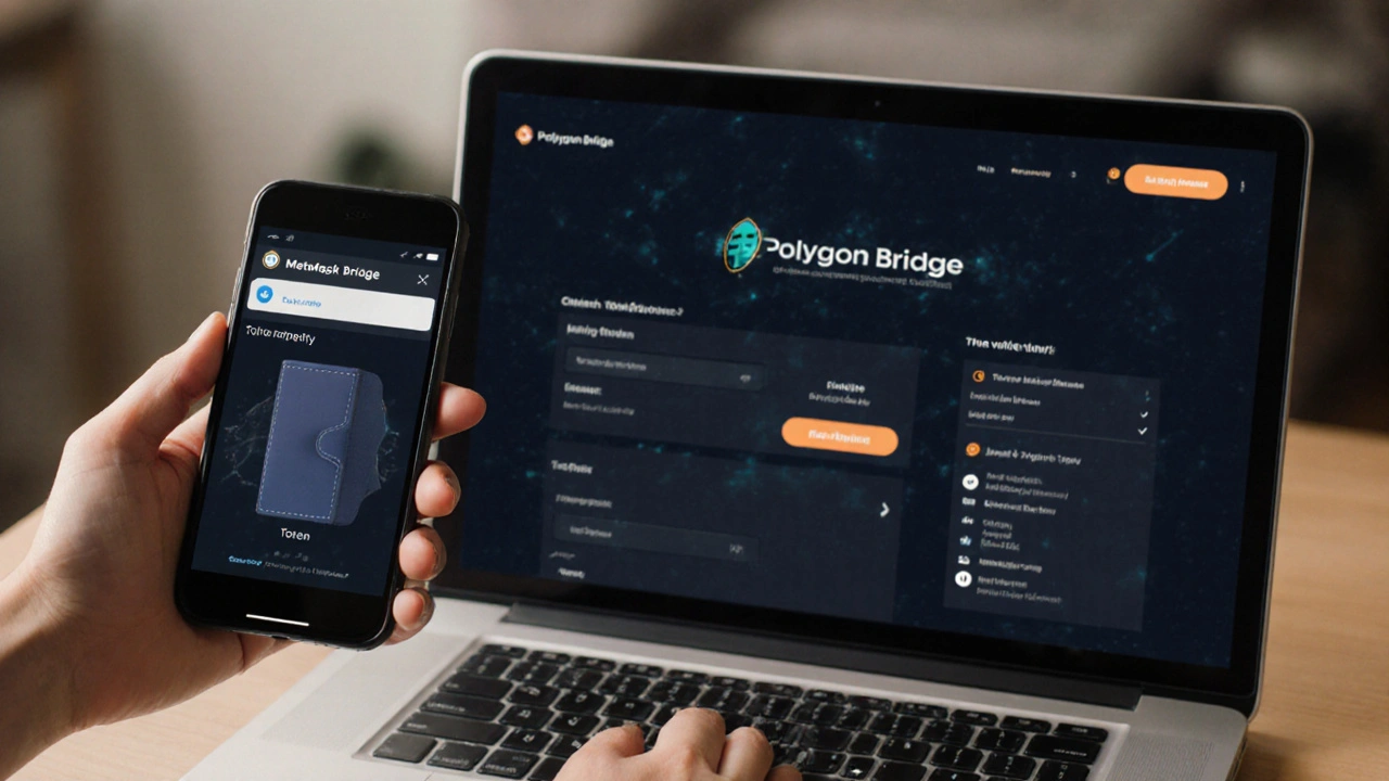 Mano con smartphone e laptop mostrano l’interfaccia di Polygon Bridge in uso.