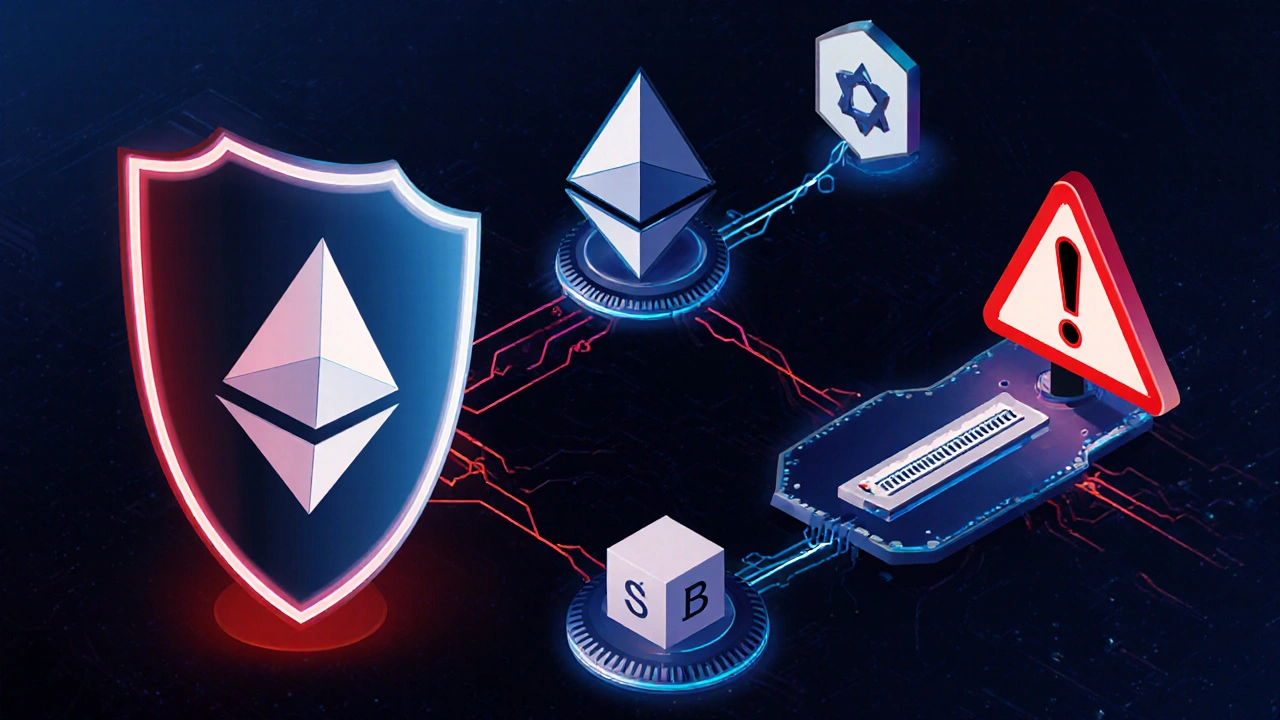 Scena di sicurezza con scudi, avvisi di phishing e nodo LayerZero collegato a più blockchain.