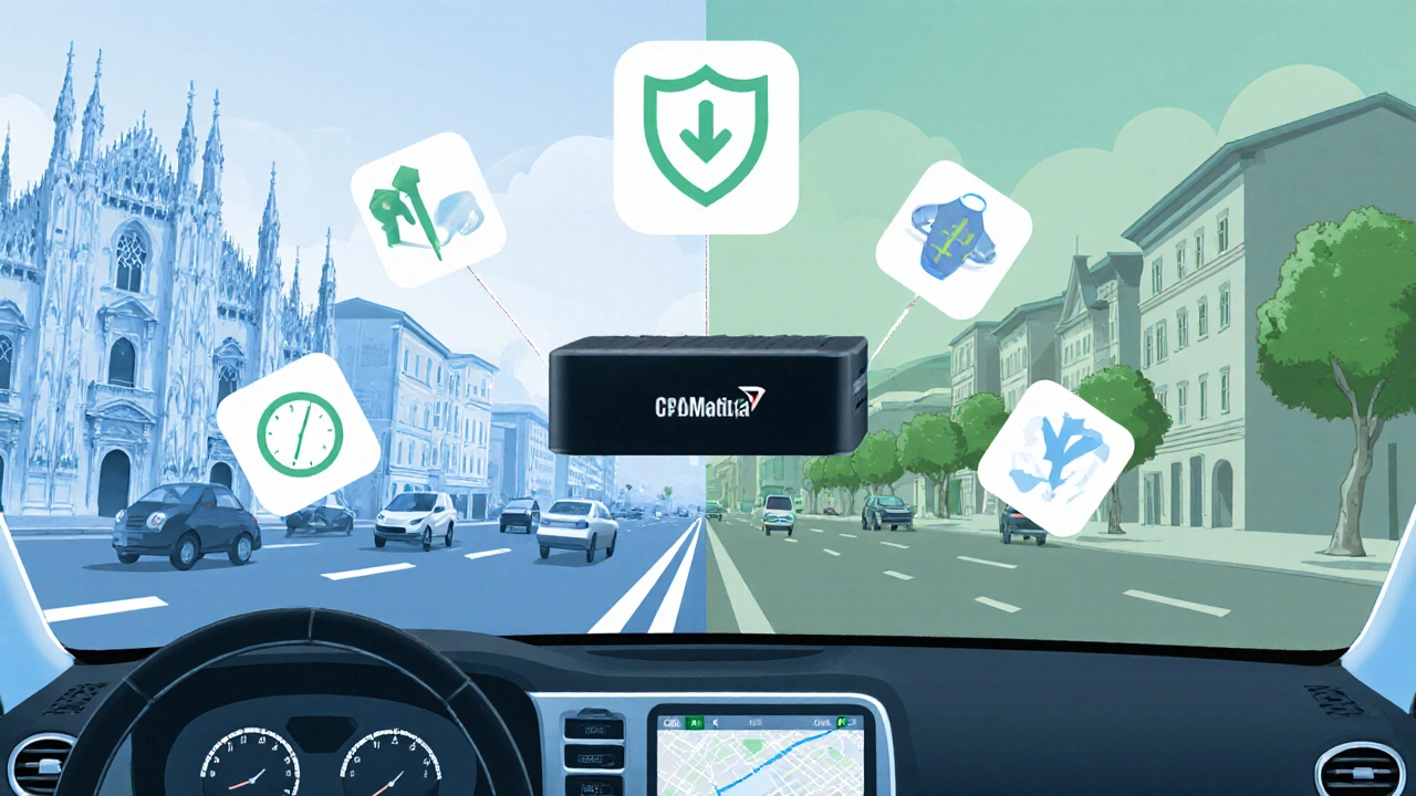 Automobile con scatola nera installata, circondata da icone di risparmio e protezione, con sfondo che mostra Milano e Cremona.