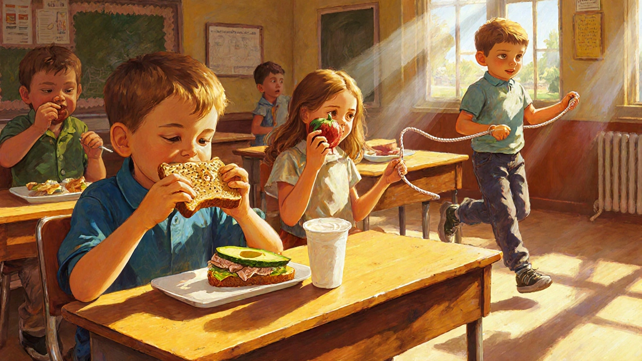 Bambini che mangiano pasti bilanciati a scuola, con frutta, sandwich integrali e attività fisica.