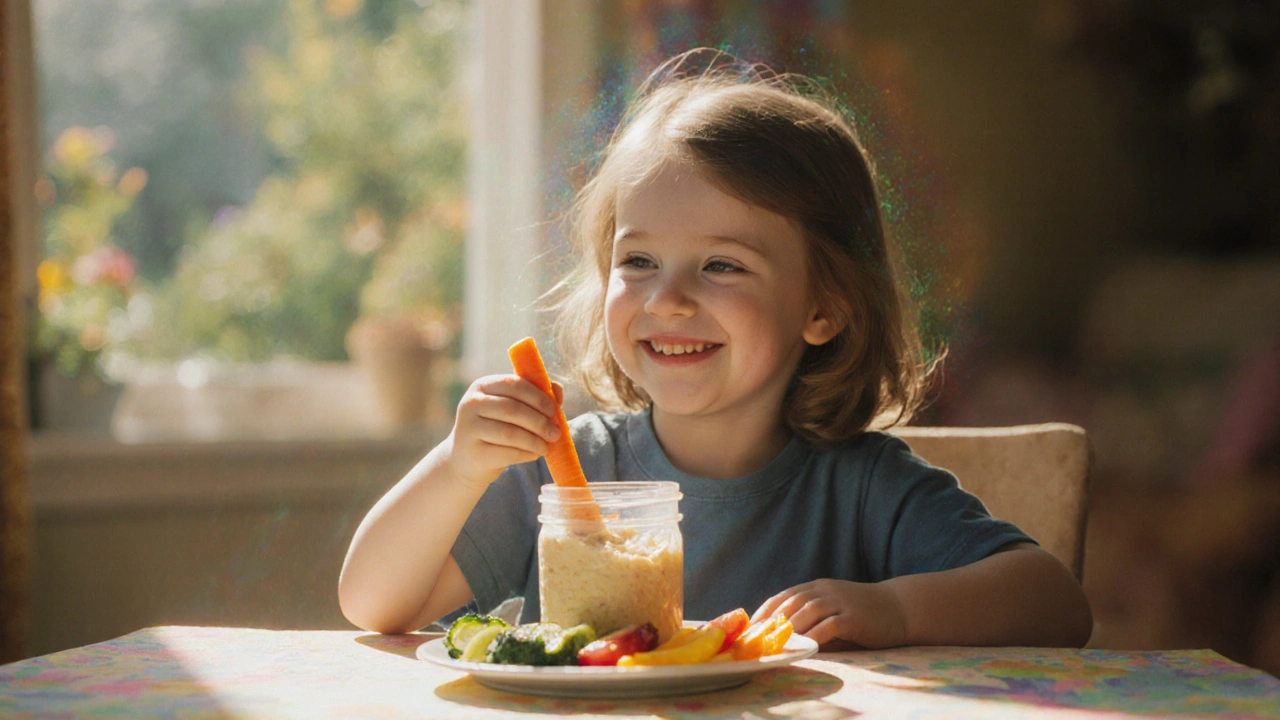 Bambino che mangia carote con hummus a tavola, snack colorati come un arcobaleno in luce soffusa.