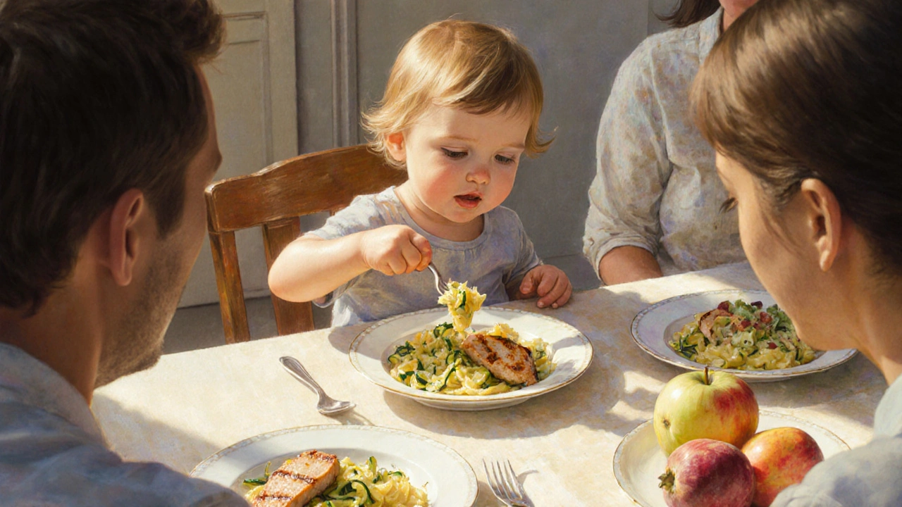 Bambino di 2 anni che mangia pasta con verdure e pollo a tavola con la famiglia, in un ambiente caldo e accogliente.