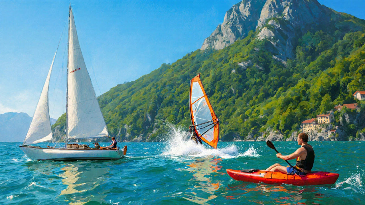 Barca a vela, windsurf e kayak sul lago, con montagne sullo sfondo e atmosfera estiva.