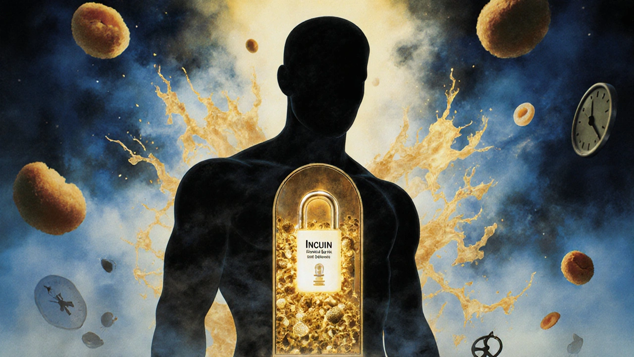 Chiave dorata che apre una porta nel corpo, con zuccheri che si dissolvono in nebbia e cellule che assorbono glucosio.