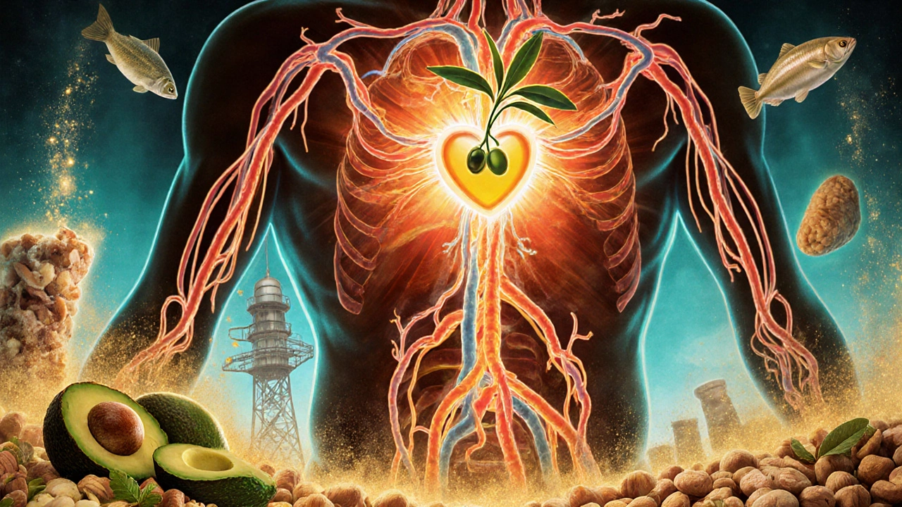 Corpo umano stilizzato con flussi d'olio e omega-3 che riducono l'infiammazione, circondato da cibi naturali.