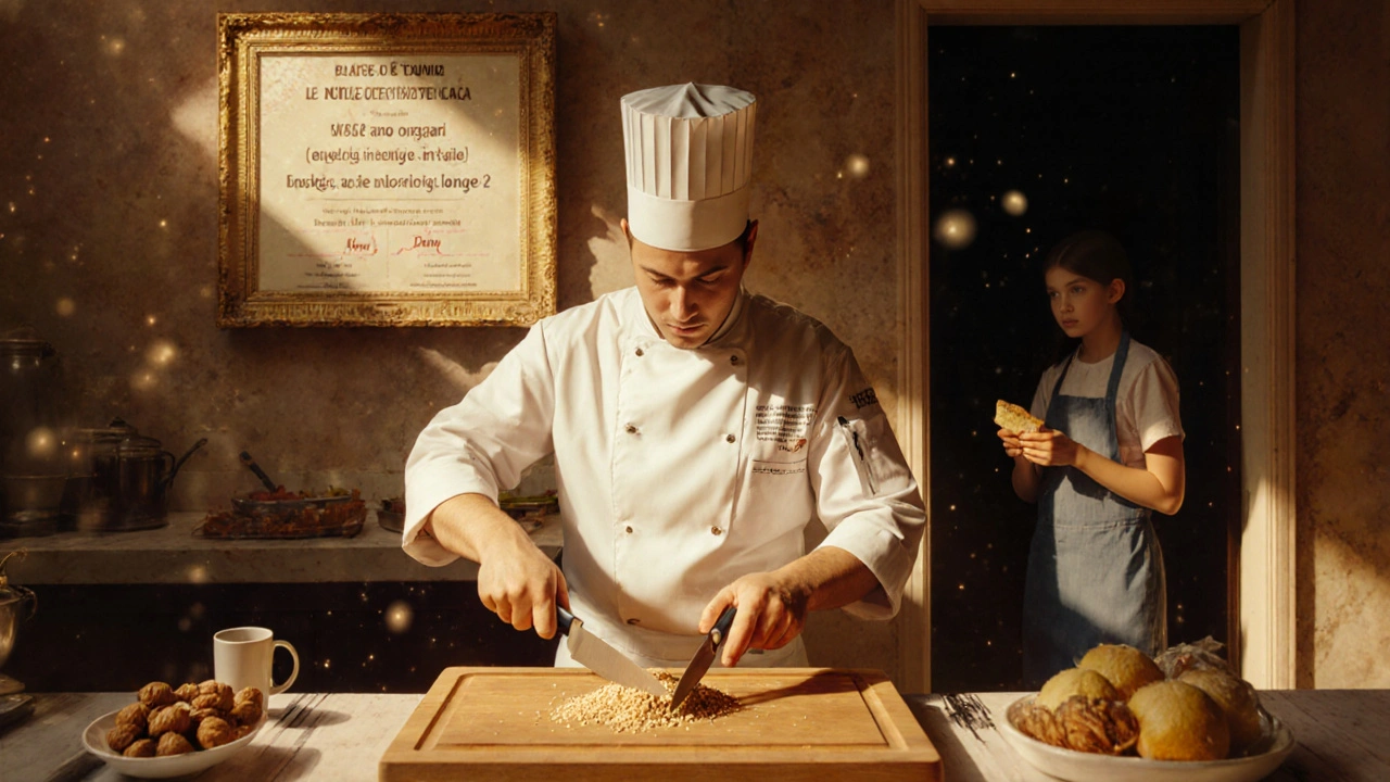 Cucina dove uno chef separa ingredienti con attenzione, con certificato allergie illuminato sul muro.