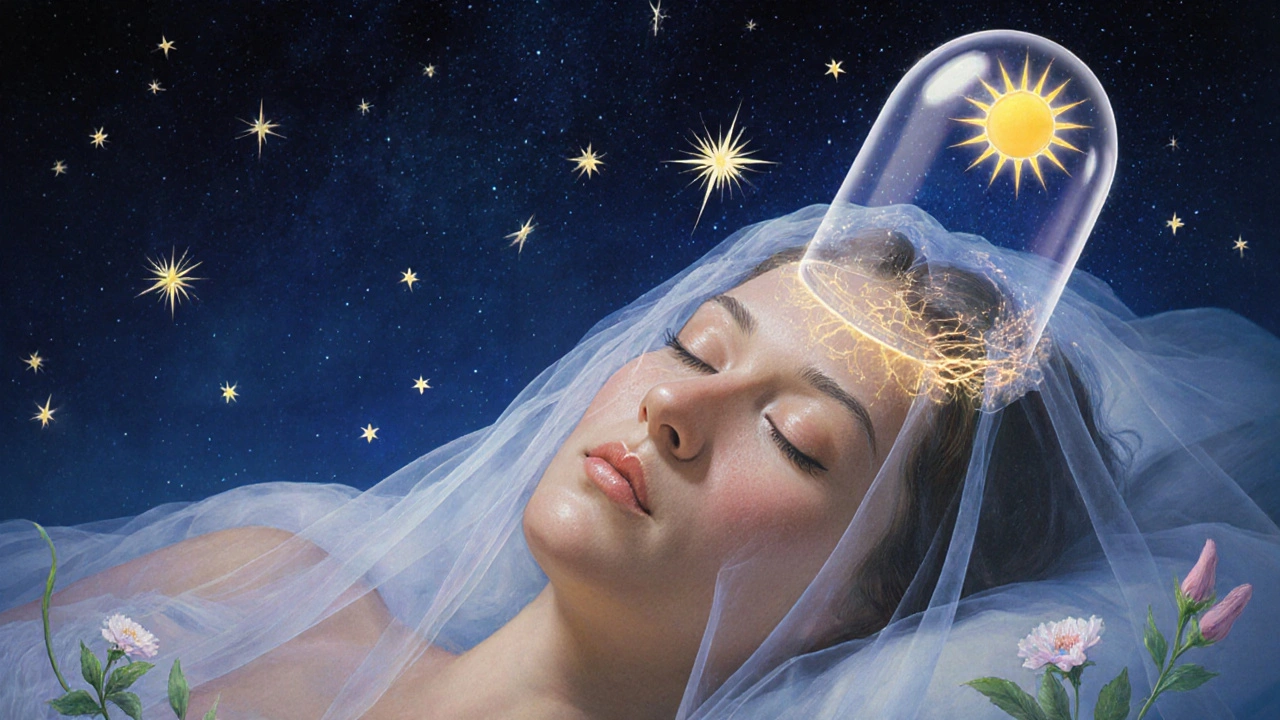 Donna addormentata con la pelle che si rigenera sotto un velo stellare e una protezione solare invisibile.