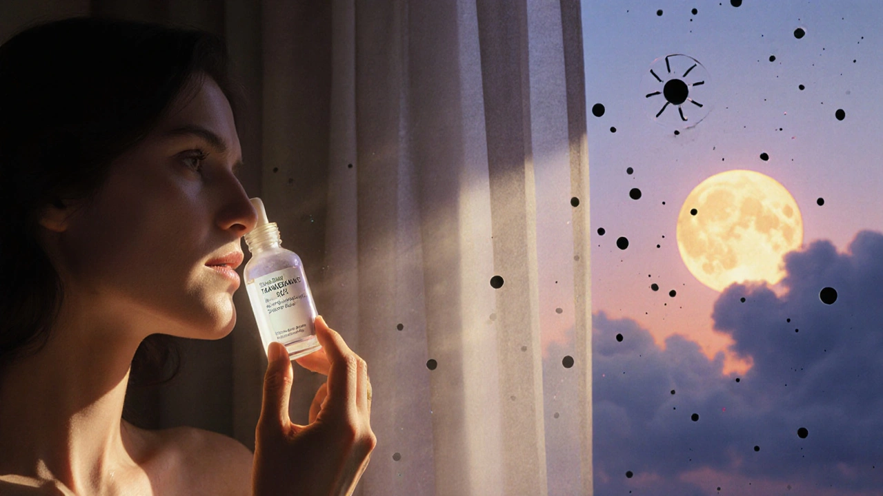 Donna che applica un siero sotto luce lunare, con particelle di protezione solare che fluttuano nell'aria.
