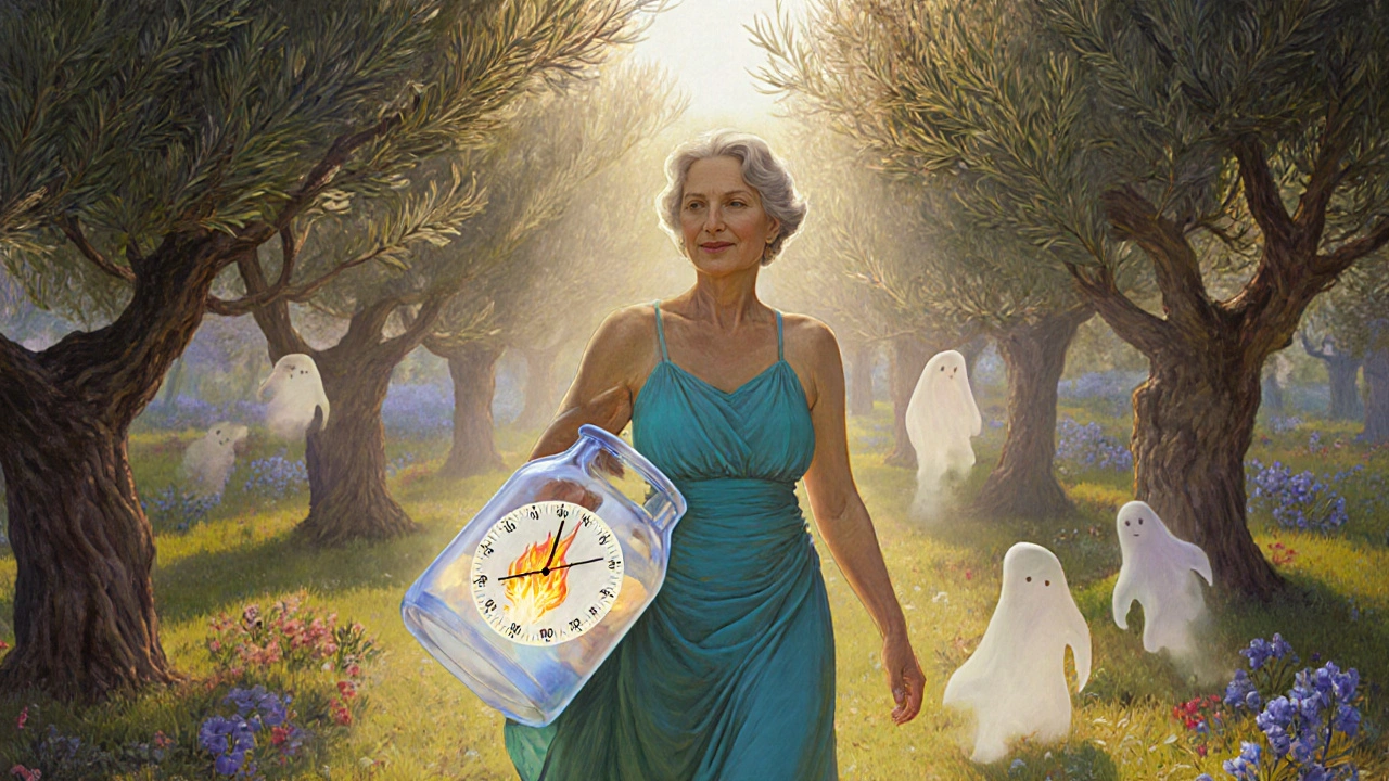 Donna che cammina in un giardino con una bottiglia d&#039;acqua, fiamme metaboliche che risorgono intorno a lei.