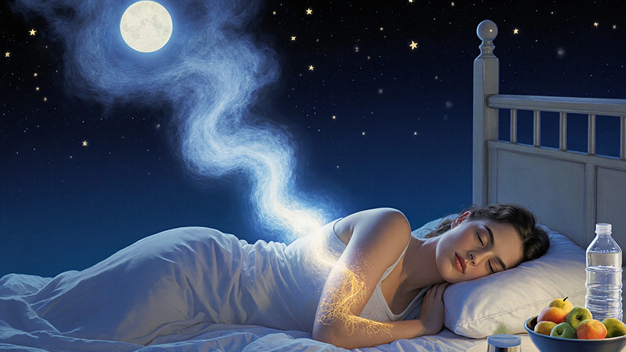 Donna che dorme sotto le stelle, con un flusso di luce acquatica che si eleva dal suo corpo.