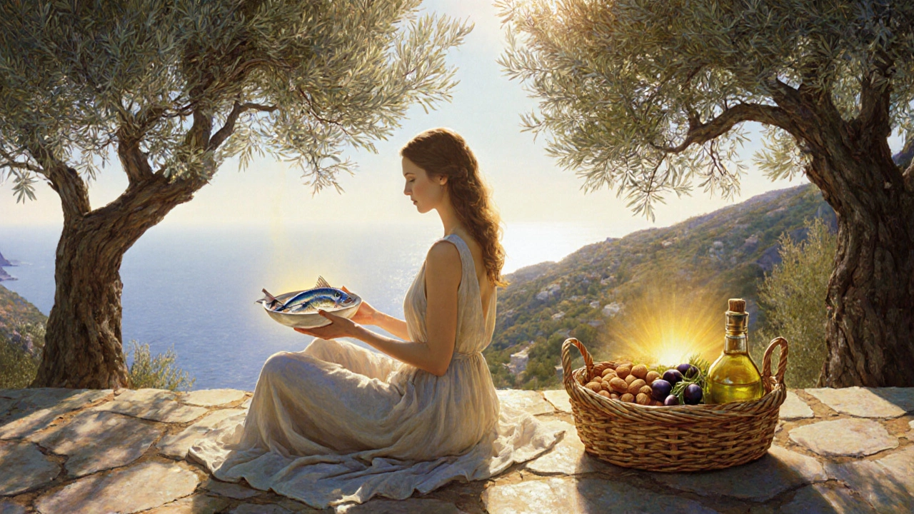 Donna su una terrazza mediterranea con pesce fresco e cibi sani, circondata da ulivi e luce soffusa.