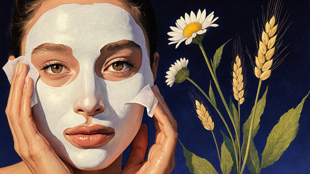 Due maschere facciali in contrasto, circondate da piante medicinali che brillano nella luce dorata del tramonto.