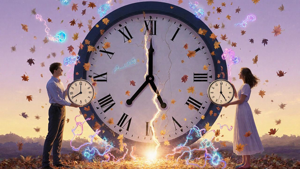 Due persone su un orologio circadiano rotto, con foglie che diventano grasso e muscolo sotto un cielo dorato.