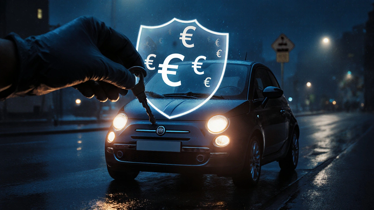 Fiat 500 su strada notturna, con scudo trasparente che simboleggia risparmio e una mano che inserisce la chiave.
