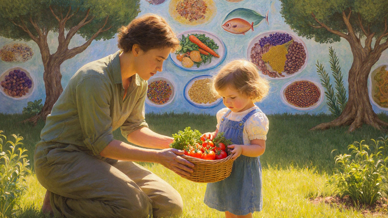 Genitore e bambino che raccolgono verdure in un giardino, con sfondo simbolico della dieta mediterranea.