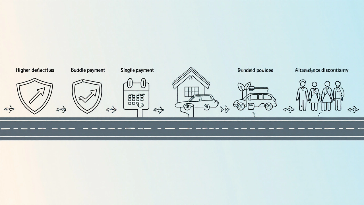 Icone lineari mostrano strategie per risparmiare: franchigia alta, pagamento unico, pacchetto casa‑auto, telematica, auto elettrica.