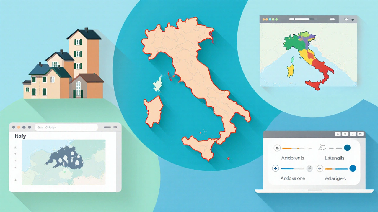 Illustrazione a icone di cinque portali immobiliari con simboli di annunci e copertura.