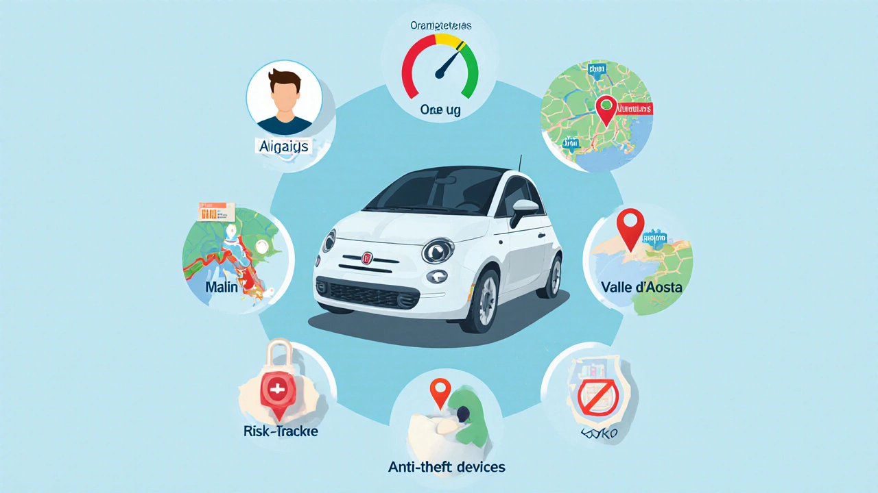 Illustrazione vettoriale che mostra fattori che influenzano il prezzo dell’assicurazione intorno a una Fiat 500.