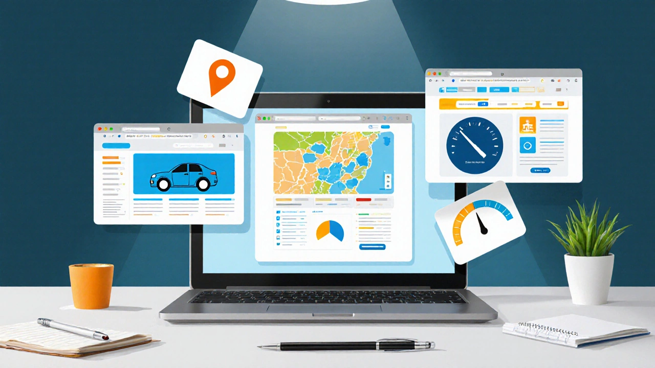 Laptop con tre siti di confronto assicurativo e icone di auto, mappa e chilometraggio.