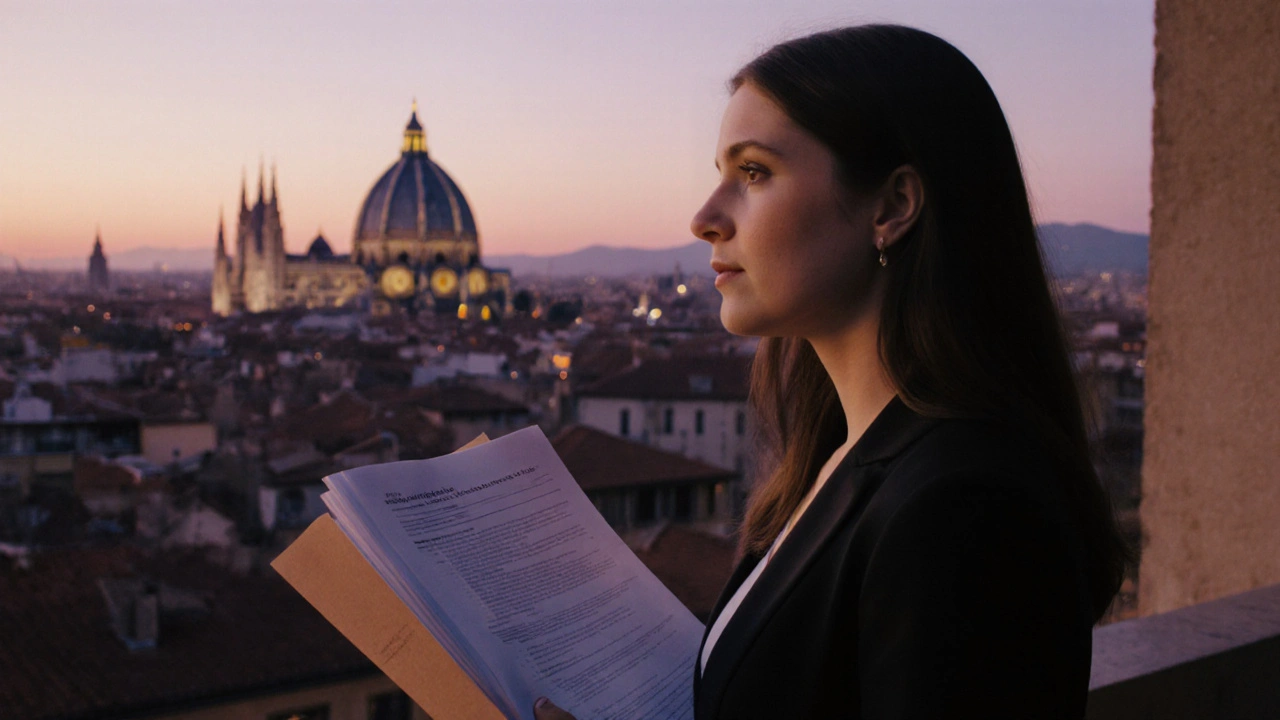 Marta osserva il panorama di Milano dal balcone, con documenti di mutuo in mano.
