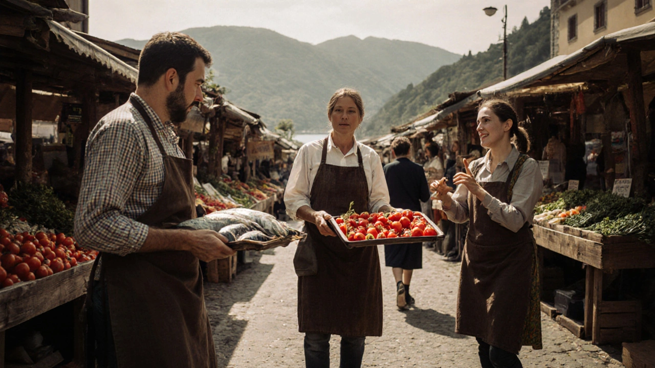 Mercato al chiuso di San Giovanni con pesce di lago, venditore che dice "el gh'è".