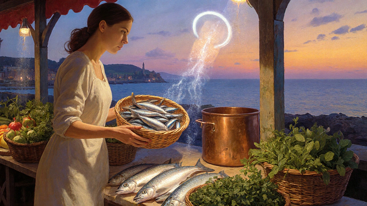 Mercato costiero al tramonto con pesce fresco e verdure in cesti di legno.