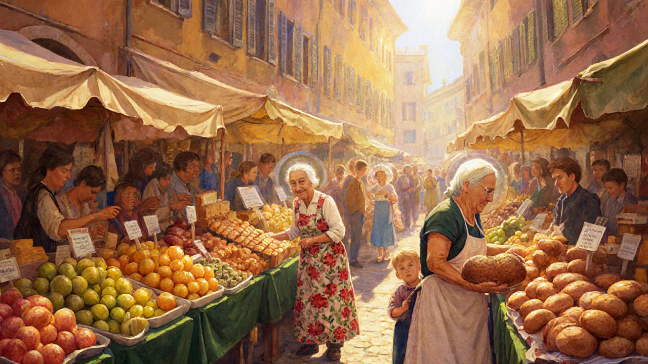 Mercato settimanale colorato con frutta, pane artigianale e venditori sorridenti.