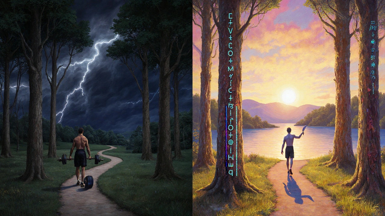 Paesaggio simbolico con due versioni della stessa persona: una sotto tempesta, l&#039;altra sotto il sole, a rappresentare lo scarico strategico.