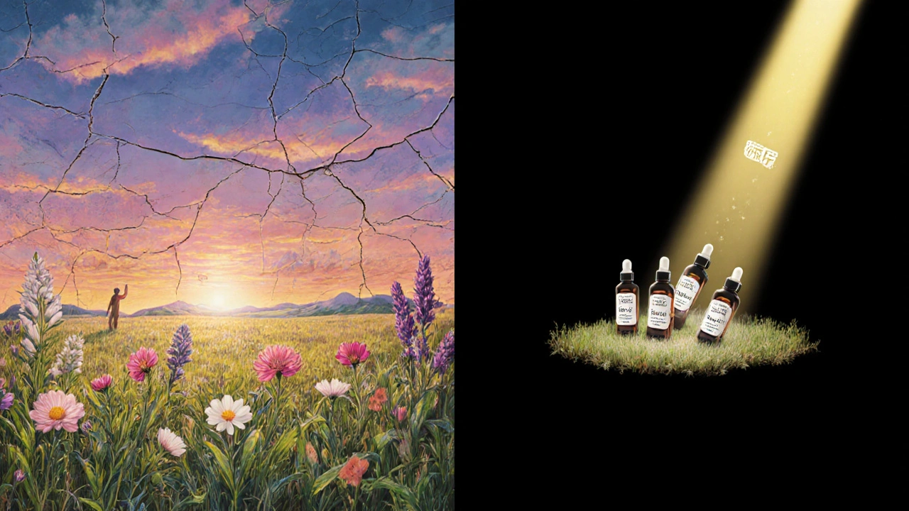 Paesaggio simbolico di pelle che diventa prato fiorito, con piante che rappresentano gli ingredienti chiave.