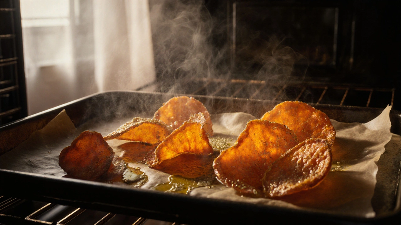 Patatine di carote sottili che cuociono in forno, con luce dorata che risalta l&#039;olio e la croccantezza.