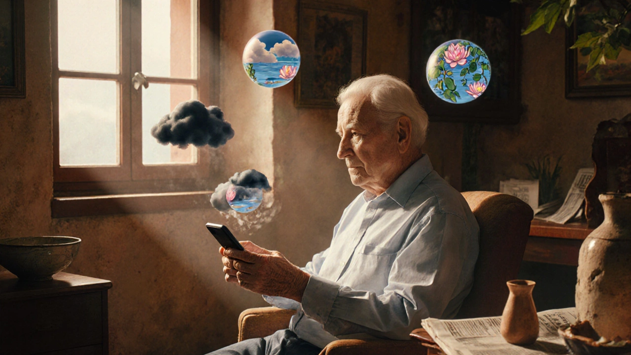 Persona anziana che usa un'app vocale, con orb emotive fluttuanti e oggetti tradizionali italiani.
