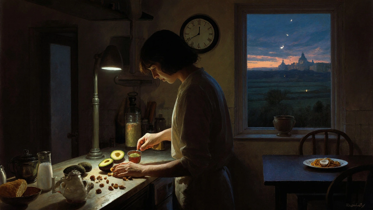 Persona che conta ingredienti chetogenici al mattino, con cibo tradizionale abbandonato sul tavolo.