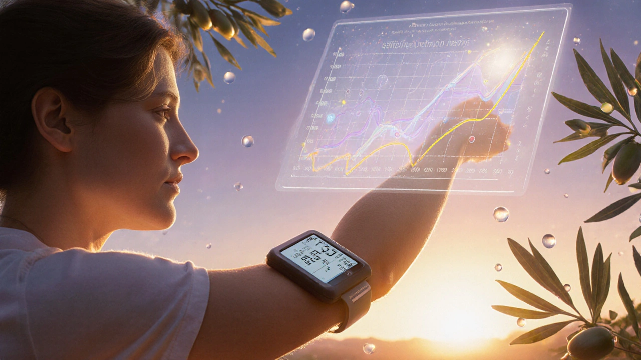 Persona che osserva un monitor glicemico con grafico stabile, circondata da elementi naturali e luce tenue di alba.