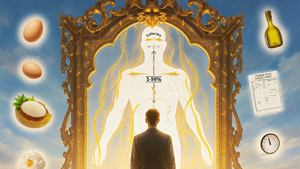 Persona davanti a uno specchio che mostra un diagramma di calorie fluttuanti in luce dorata.
