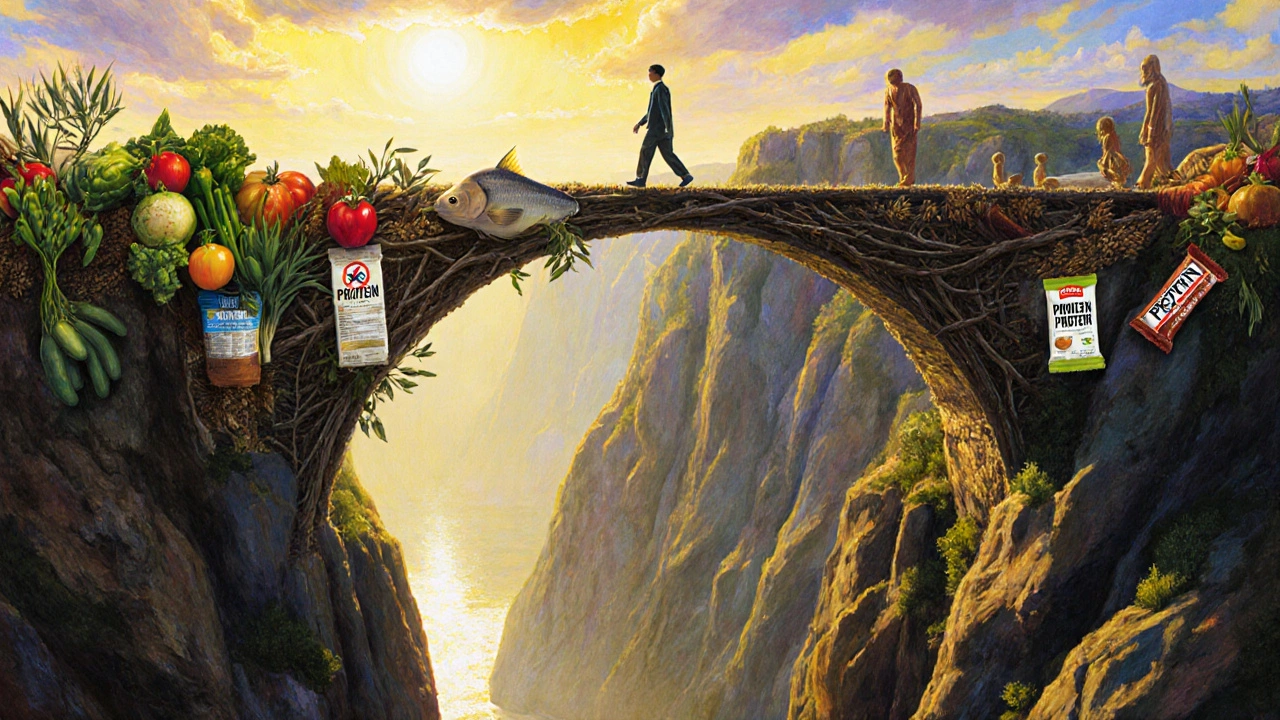 Ponte di olive e cereali che collega uno stile di vita sano a una dieta restrittiva, con una persona che lo attraversa.