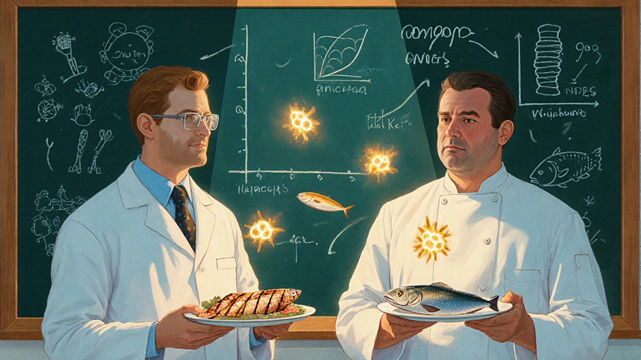 Scienziato e cuoca insieme, con molecole d'omega-3 che brillano nell'aria.