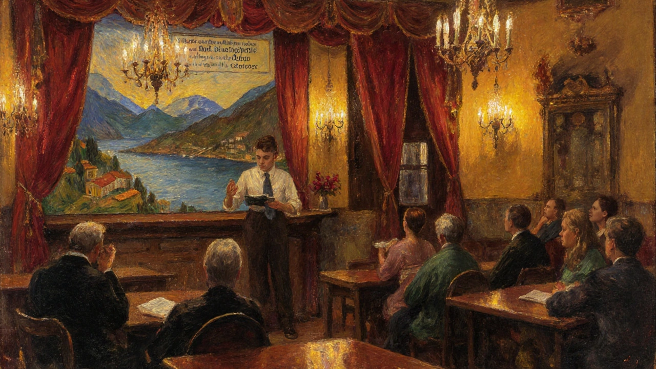 Serata poetica al Carro di Pietra, luce calda, pubblico che ascolta poesia in lecchese.