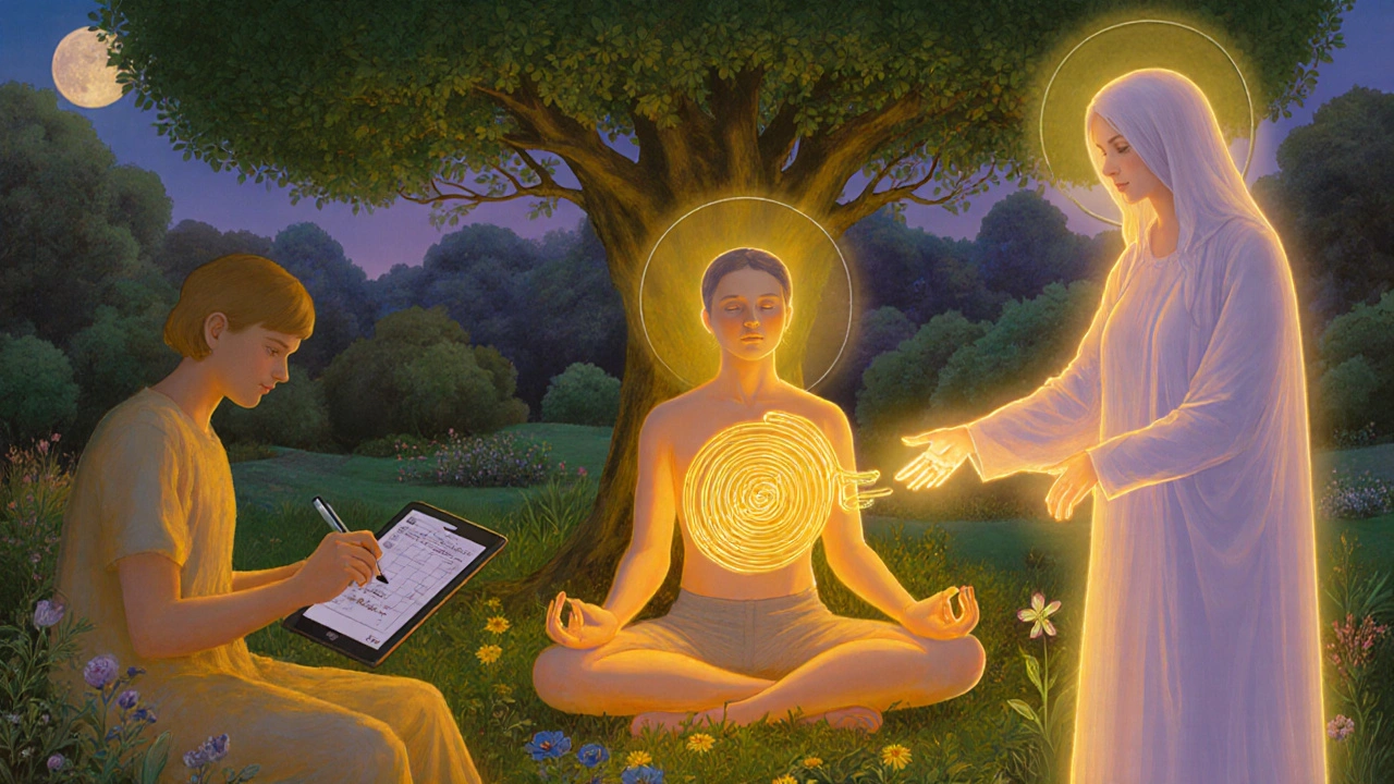 Tre figure in un giardino simbolico, unite da supporto emotivo e spirali di respiro dorato.