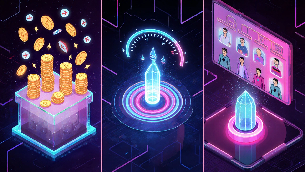 Tre panel mostrano voto token, quadratico e reputazione in un ambiente futuristico.