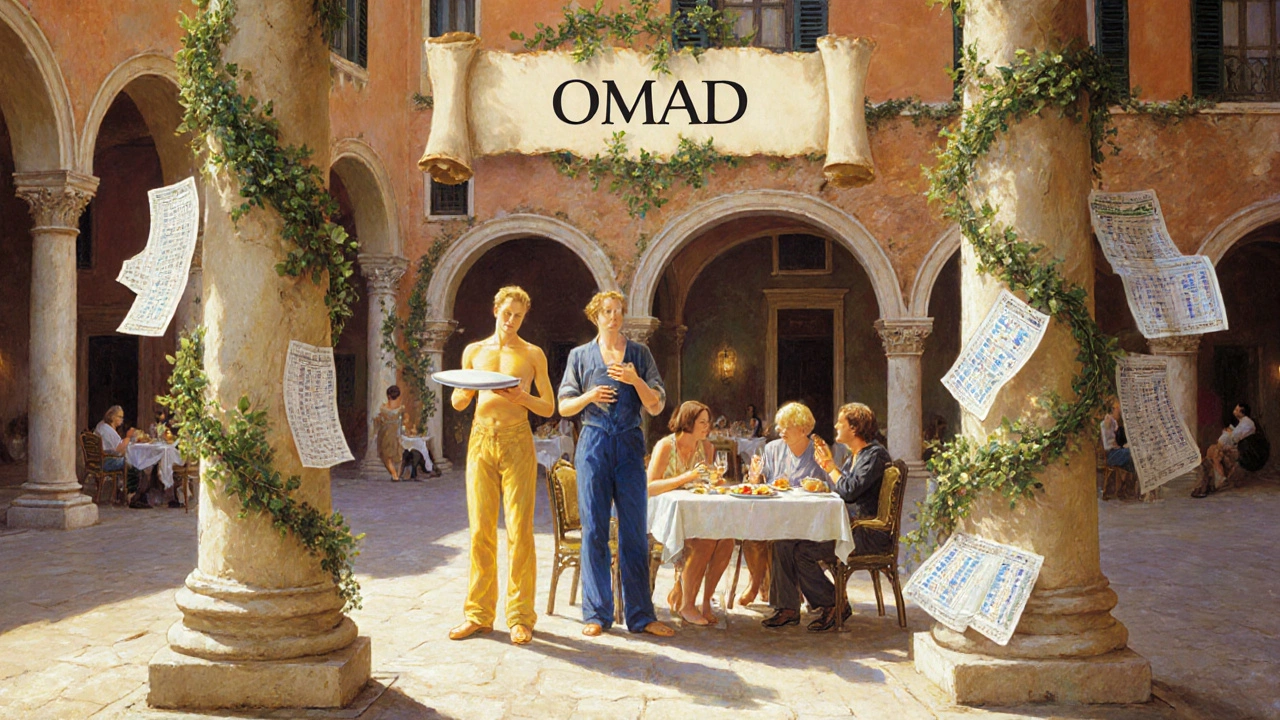 Tre persone in una piazza italiana: una con un pasto unico, una malata, una equilibrata con più pasti.