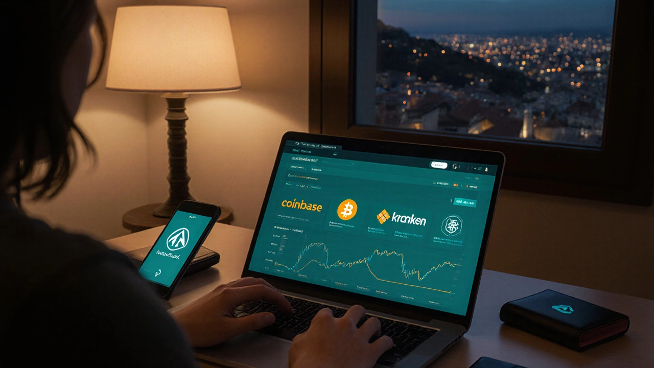 Ufficio domestico con laptop su exchange crypto, wallet hardware e MetaMask.