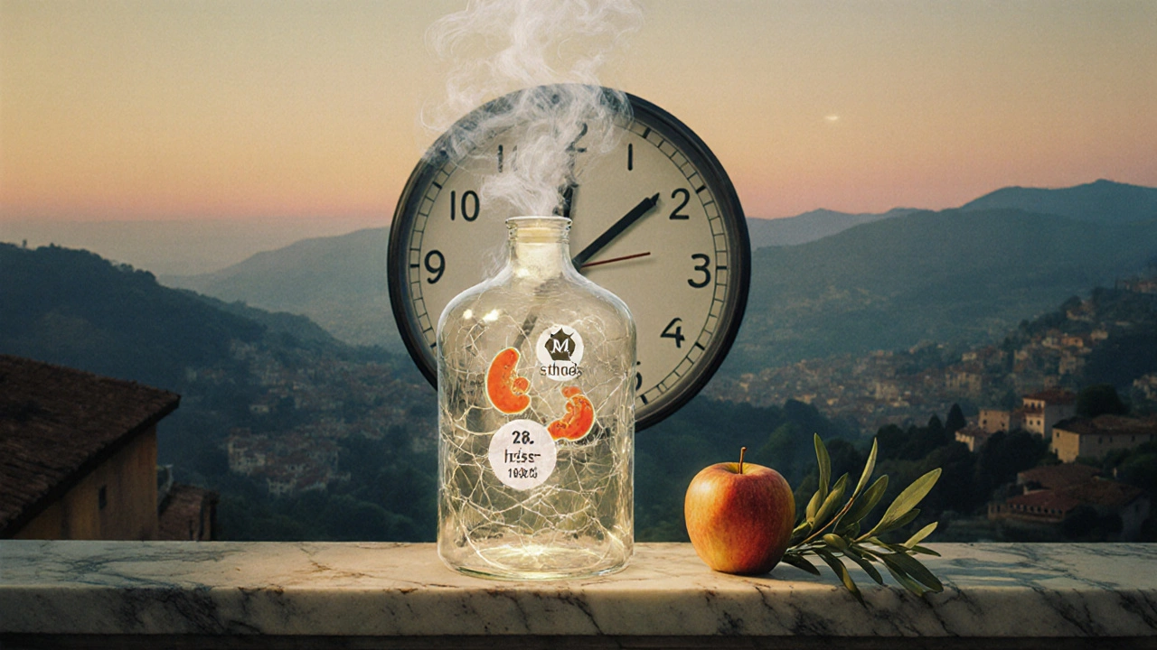 Un corpo di vetro che mostra segni di stress metabolico, con un solo frutto come simbolo del pasto unico.