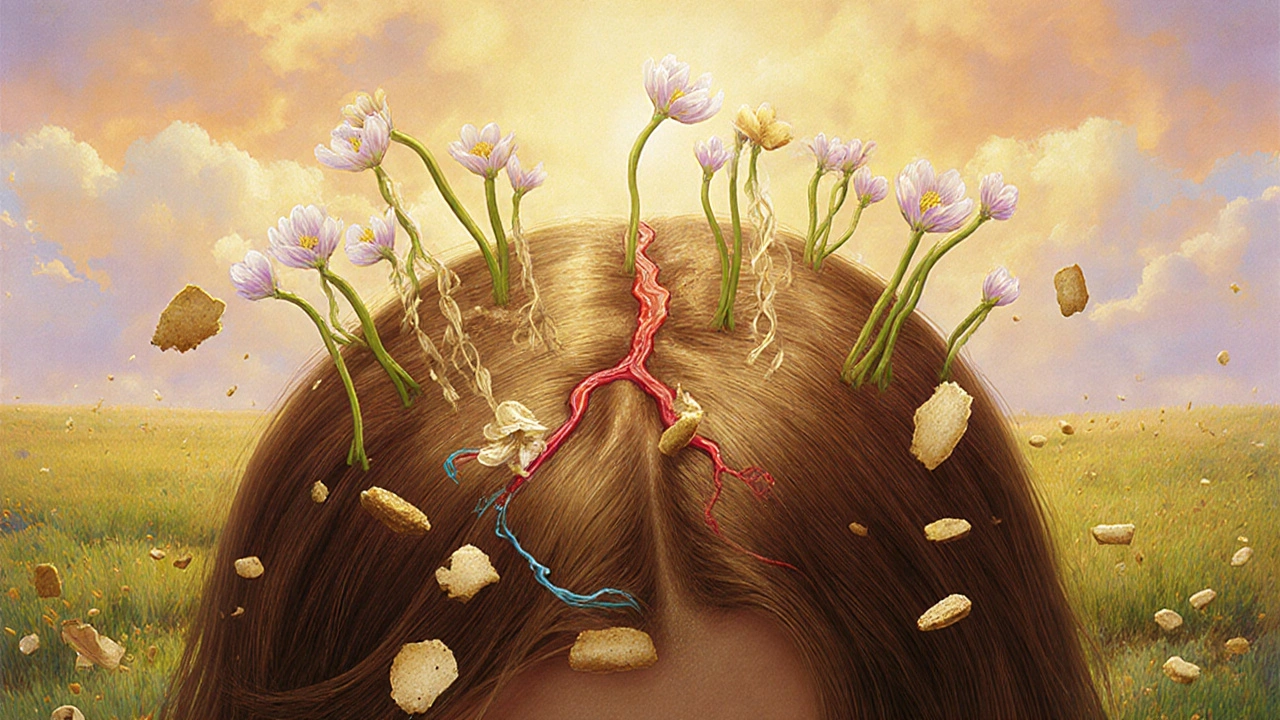 Un cuoio capelluto come paesaggio rigoglioso con follicoli che crescono da terra nutrita.