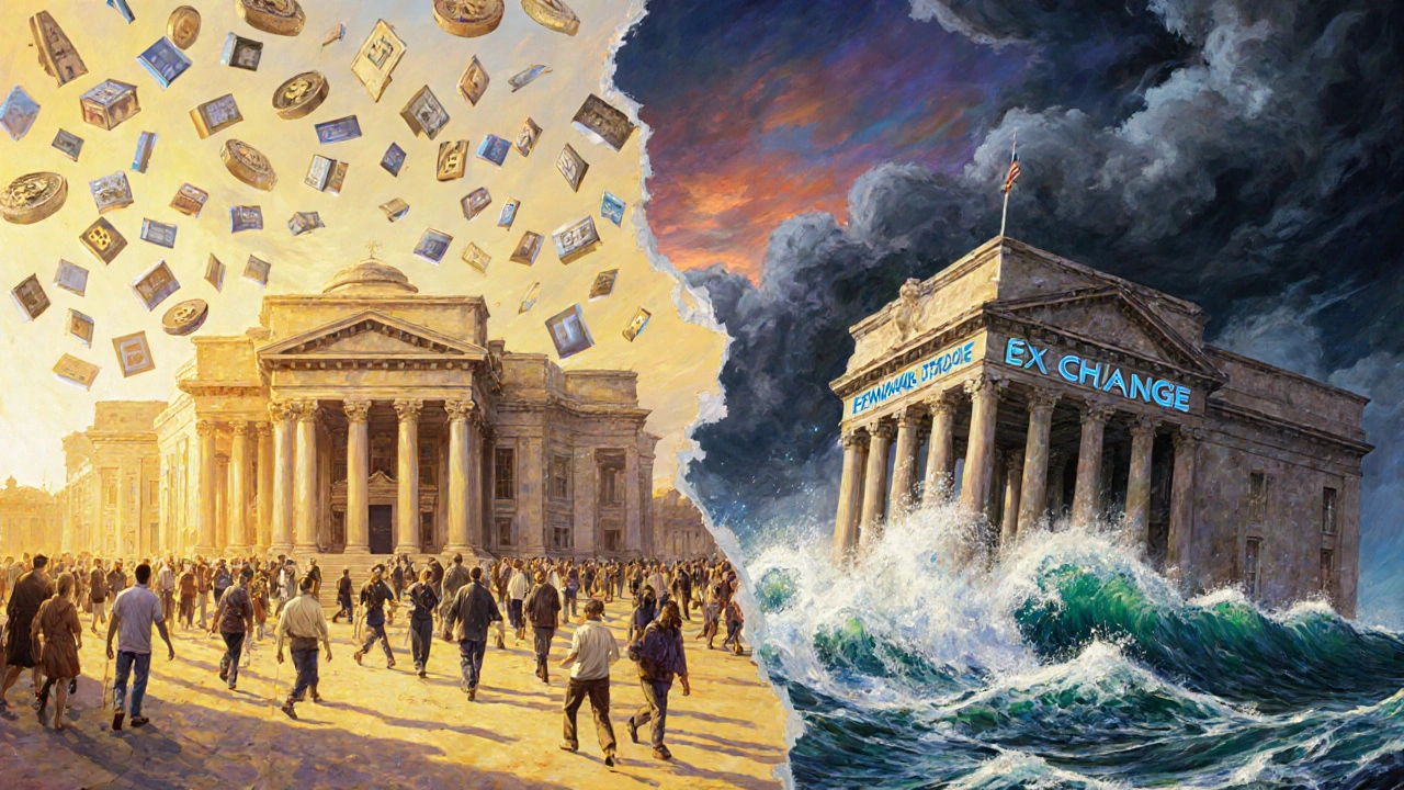 Un exchange decentralizzato sereno a sinistra, uno centralizzato in rovina a destra, divisi da un cielo tempestoso.