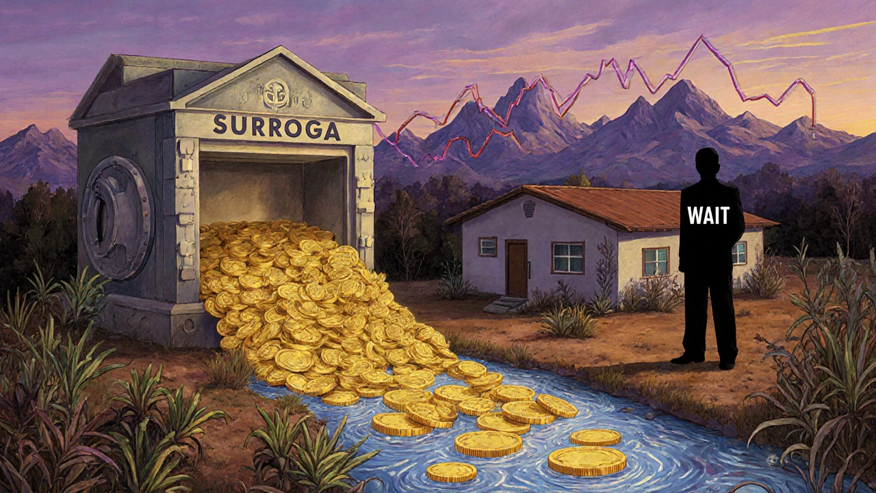 Un fiume di monete d&#039;oro scorre verso un appartamento, mentre una figura &#039;Aspetta&#039; è bloccata in un giardino secco sotto un cielo crepuscolare.