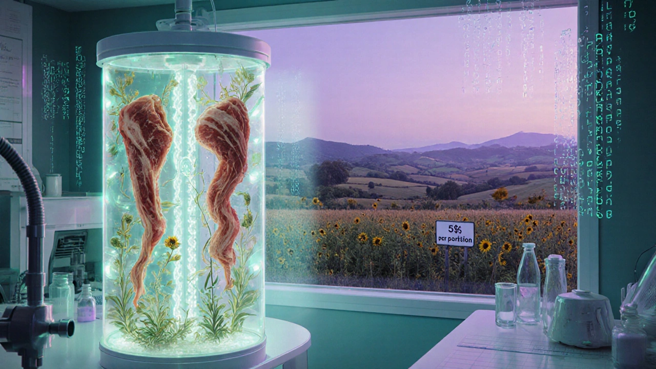 Un laboratorio futuristico coltiva carne in vasi luminosi, mentre fuori una fattoria si trasforma in campi di lenticchie e girasoli.