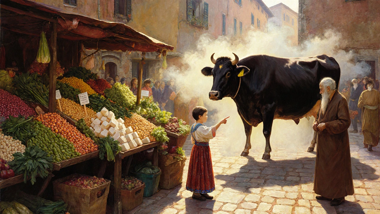 Un mercato italiano divide due bancarelle: una ricca di legumi luminosi, l&#039;altra con un carico di carne avvolto da gas invisibili.