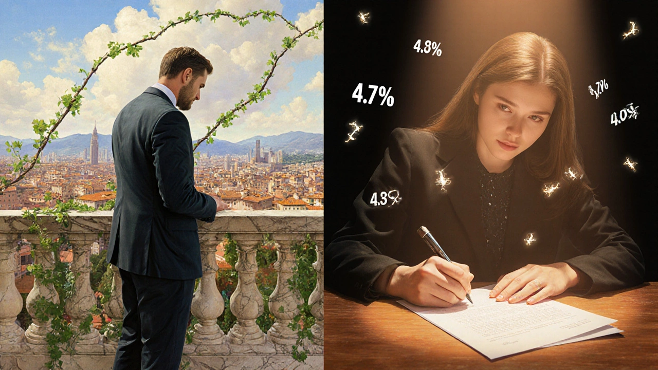 Un uomo esita su un balcone mentre numeri di tassi fluttuano come lucciole, in uno scenario diviso tra attesa e azione.