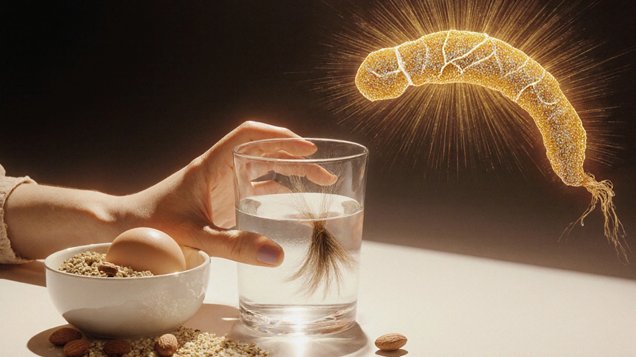 Una ciocca di capello che affonda in acqua accanto a cibi ricchi di proteine.